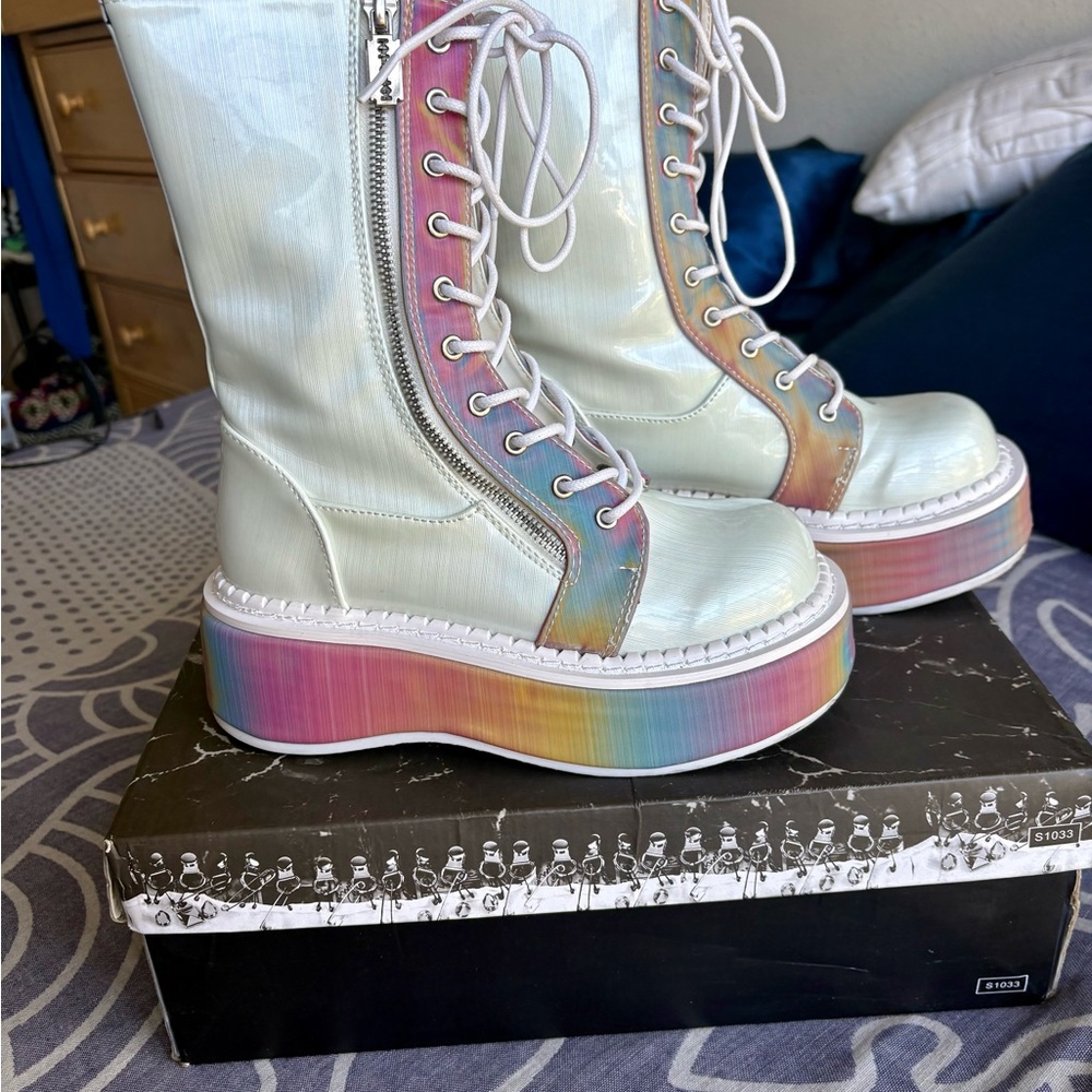 SOLD ON DEPOP! Demonia White and Rainbow Reflective Boots